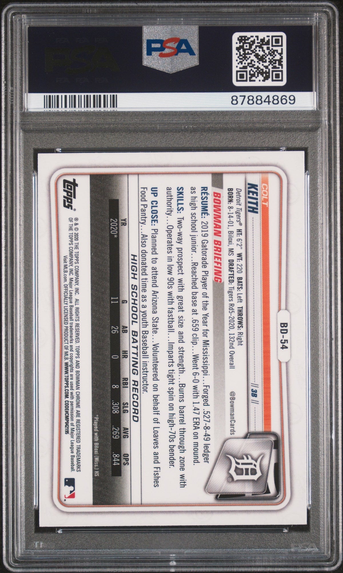 Graded 2020 Topps Bowman Draft Colt Keith #BD54 Chrome Rookie RC Baseball Card PSA 10 Gem Mint