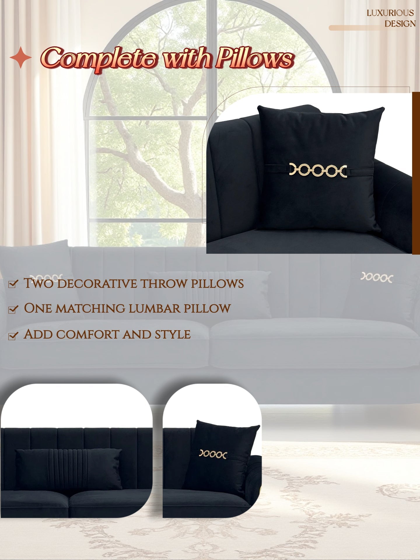 FX-P11-BK 87.4 Inch Modern Sofa Couch for Living Room, 3 Seater Upholstered Sofa with Pillows