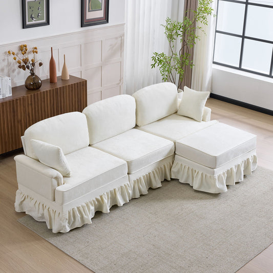 L-Shaped Sectional Sofa With Removable Ruffled Skirt, Flared Arms, Ottoman - White