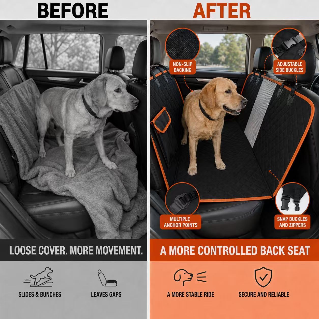 Dog Car Seat Cover For Back Seat, Waterproof Hammock For Cars And SUVs Scratch-Resistant, Non-Slip Design With Mesh Window, Side Flaps And Storage Pocket, Black