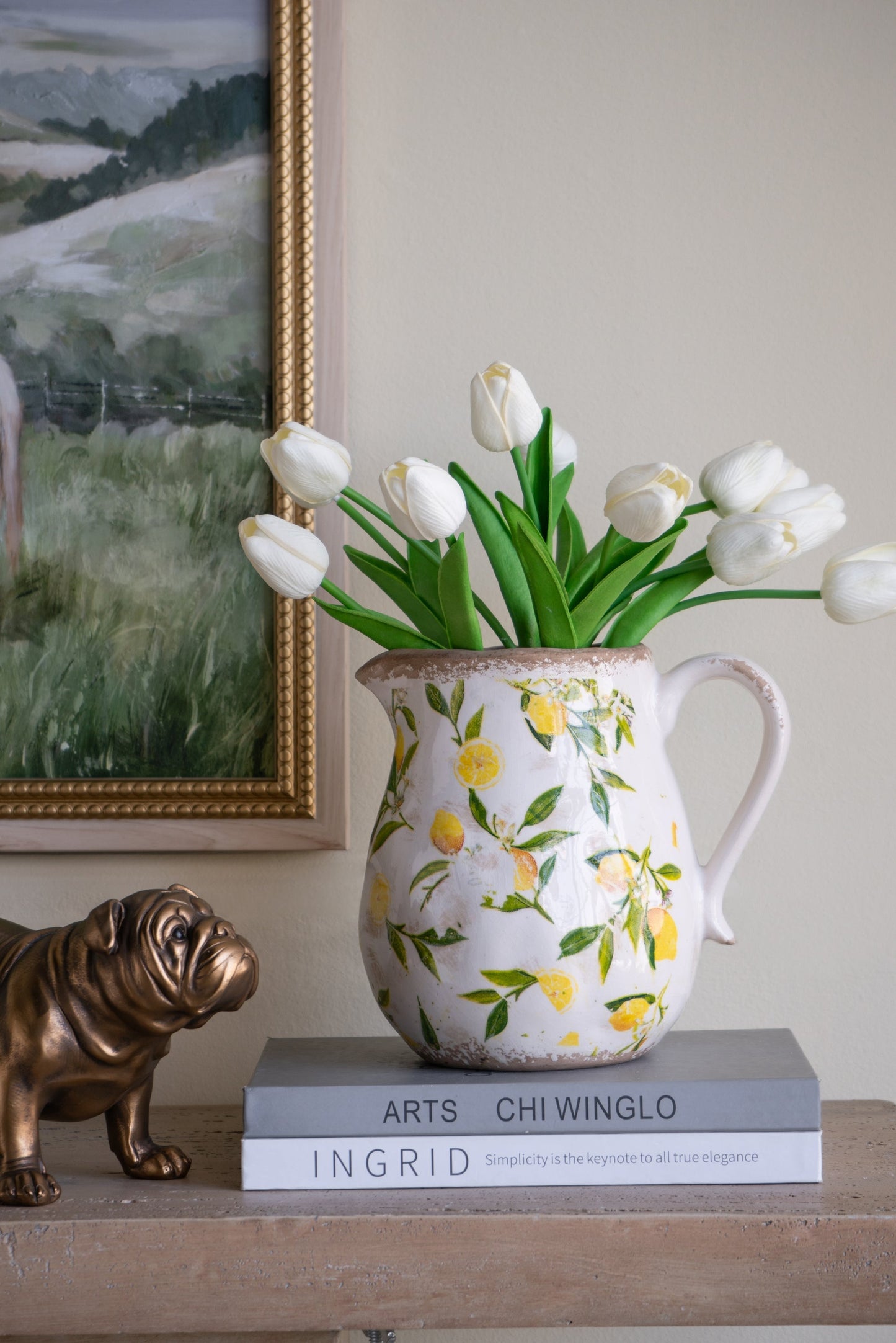 7.9x6.5x7.9' White Ceramic Pitcher Vase with Yellow Lemon Motif