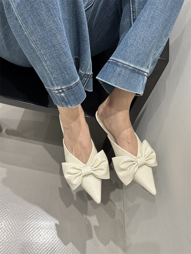 Women New Spring Summer Pointed Toe Bow V-Cut Mules, Elegant Flat Closed Toe Slide Sandals For Outdoor Wear