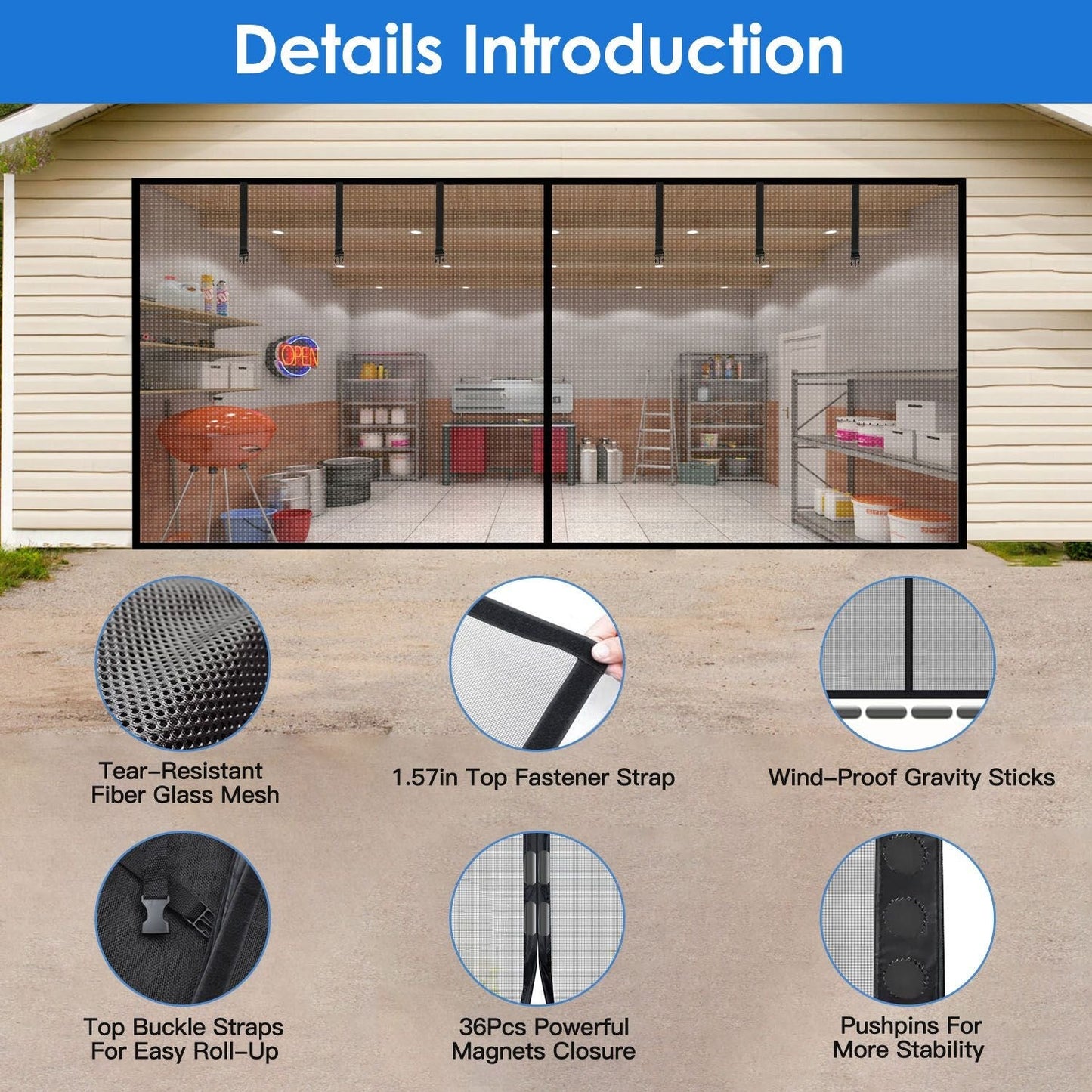 16x7FT Magnetic Garage Door Screen Two-Car Garage Screen Mesh Fiberglass Garage Net with Magnetic Closure 6 Buckle Straps for Two Cars