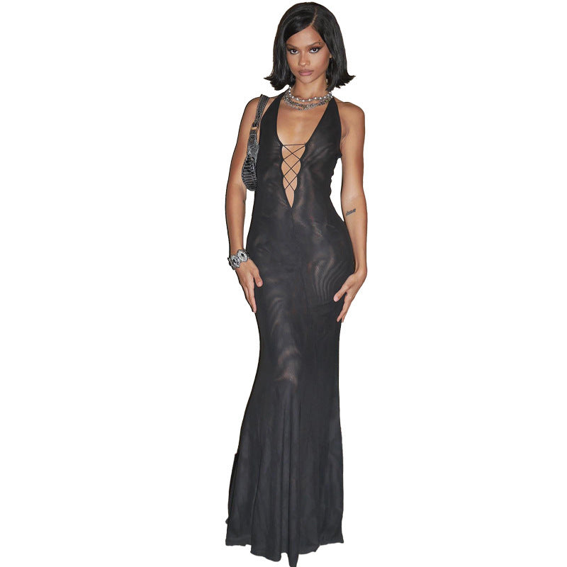 European And American Fashion Solid Color Deep V-neck Backless Sexy Hot Girl High Waist Hip Bag Dress