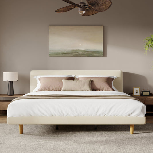 Beige Chunky Headboard Bed Frame, King