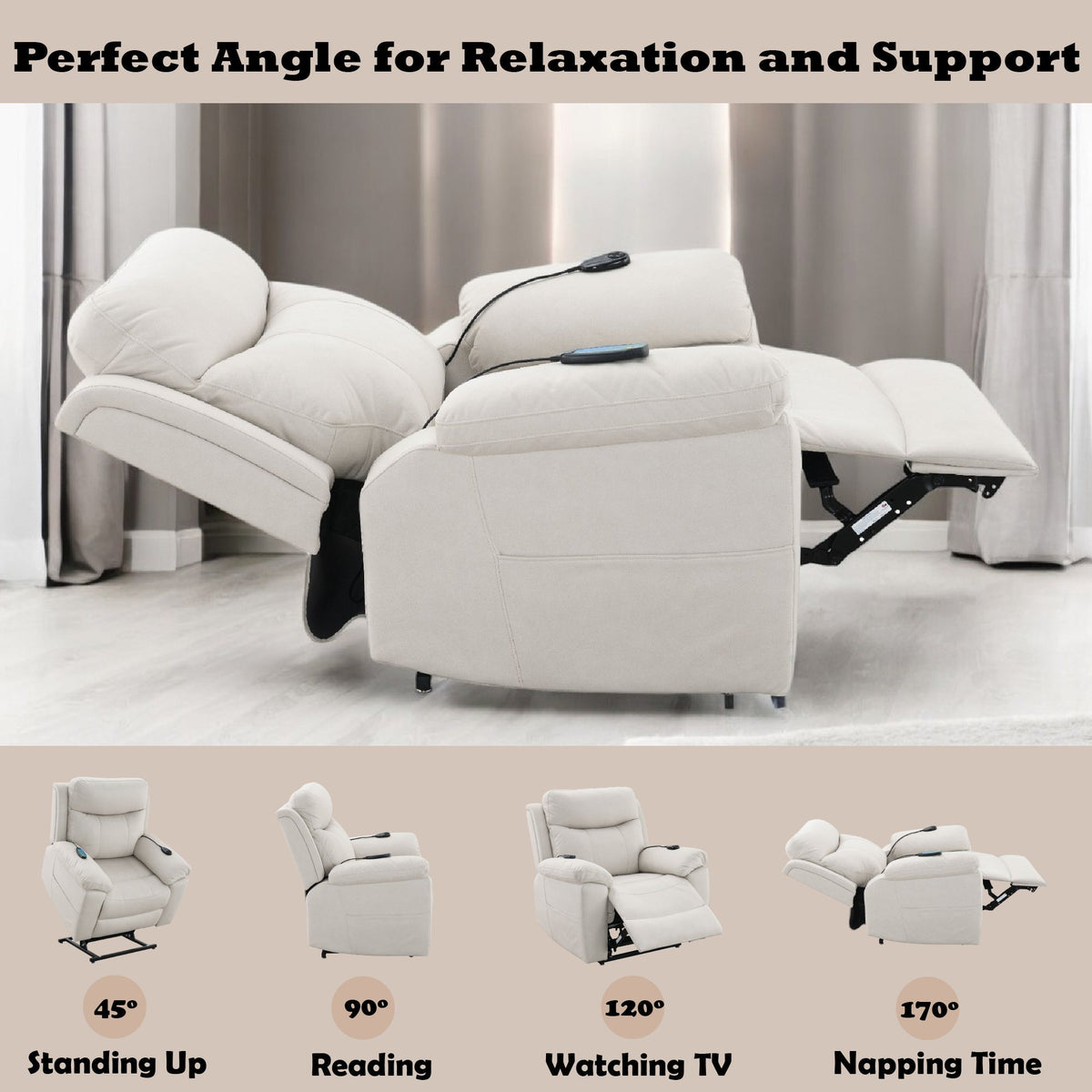 Chriki Beige Fabric Power Recliner with Lift, Heating, and Massage