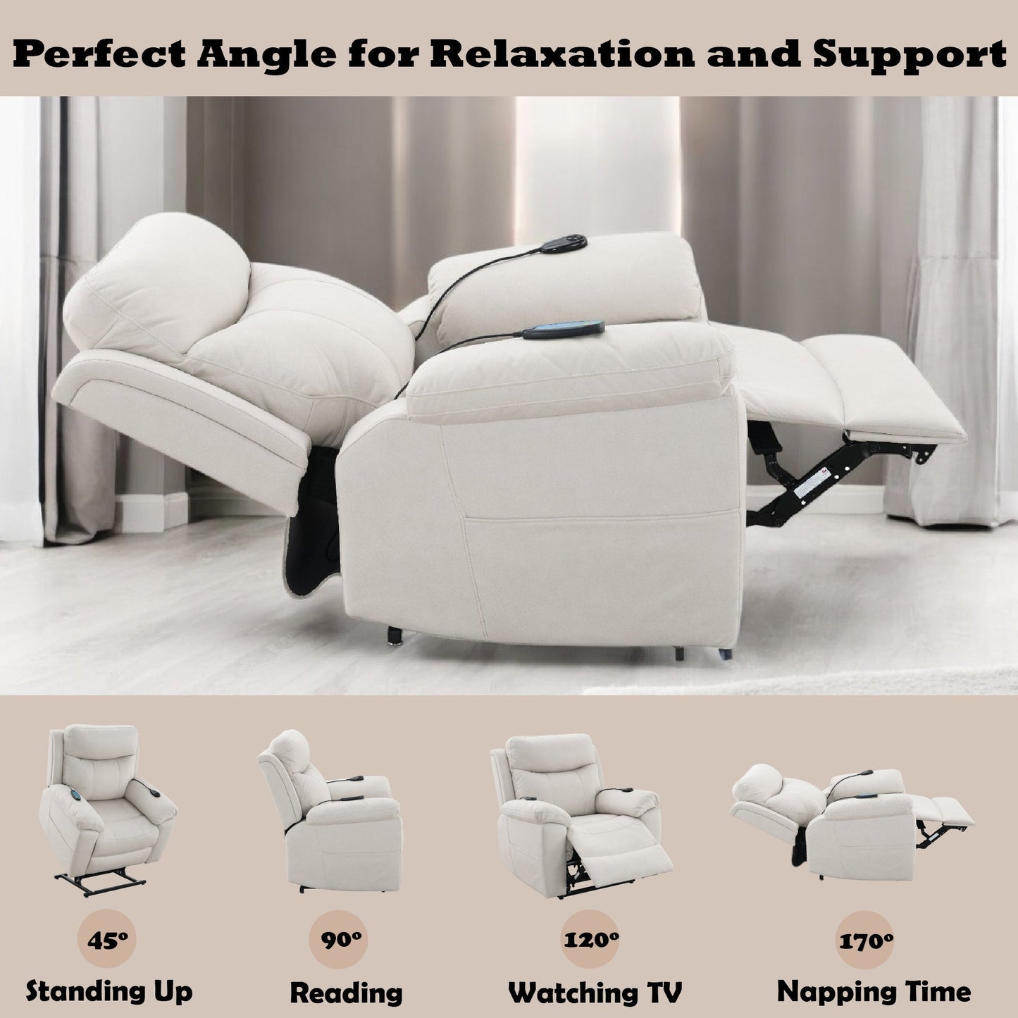 Chriki Beige Fabric Power Recliner with Lift, Heating, and Massage