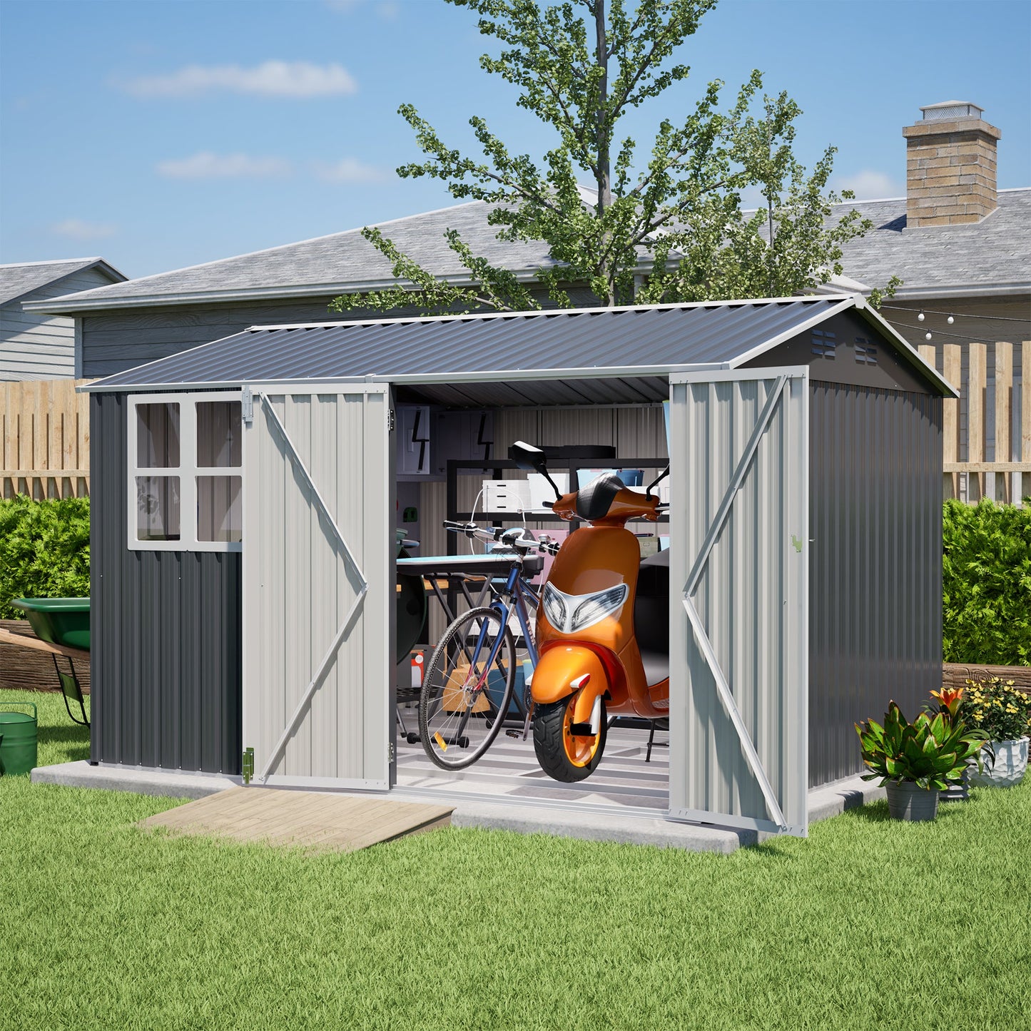 10X8FT Outdoor Steel Storage Shed with Clear Window, Lockable Doors