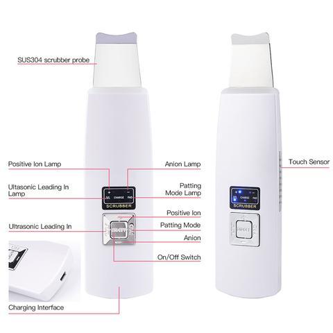 Ultrasonic Skin Scrubber: Face Cleanser for Blackhead and Acne Removal Experience a facial spa treatment vibrating massager, featuring ultrasound peeling technology for effective cleansing. Model 394.
