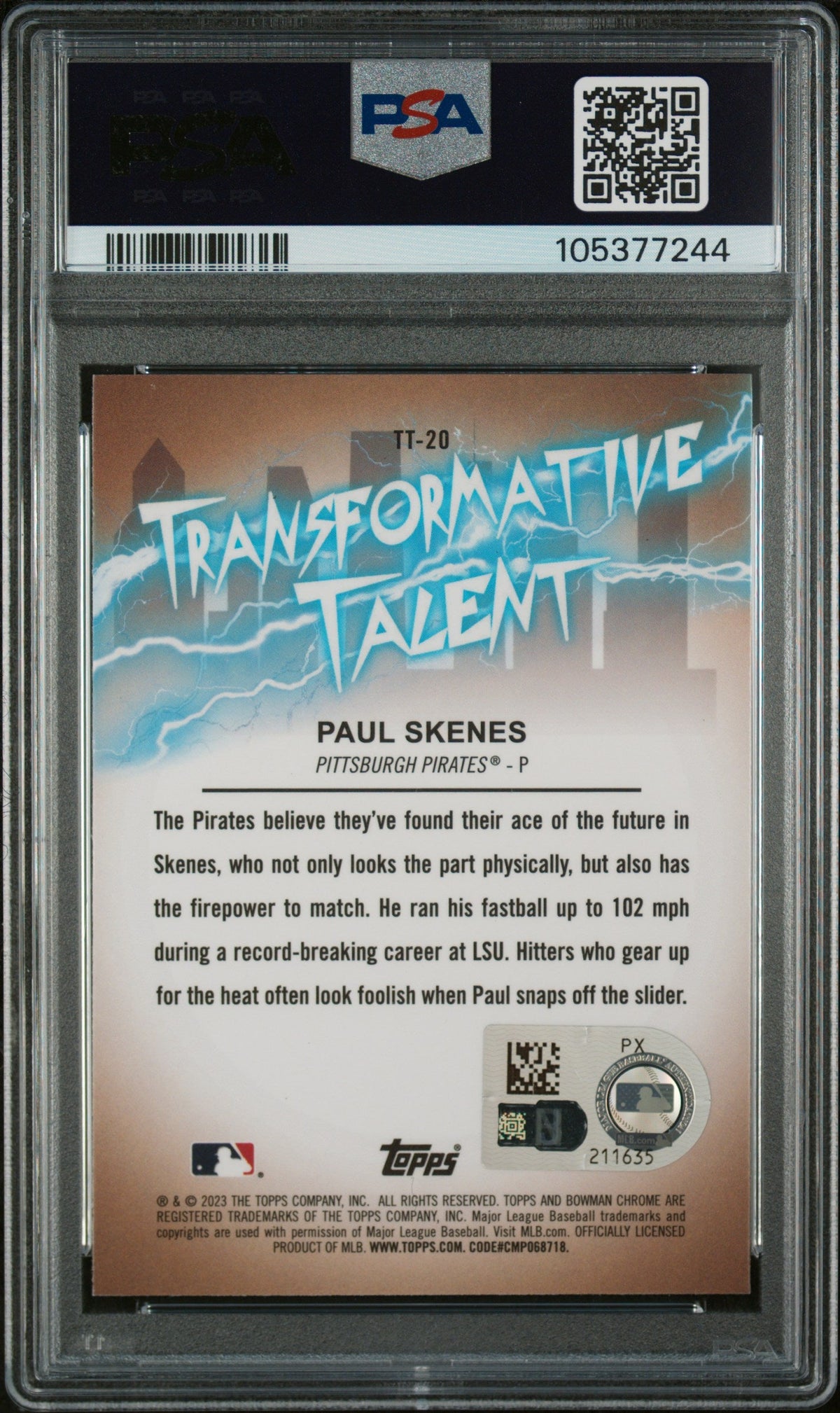 Graded 2023 Topps Bowman Draft Paul Skenes #TT20 Transformative Talent Rookie RC Baseball Card PSA Authentic Auto