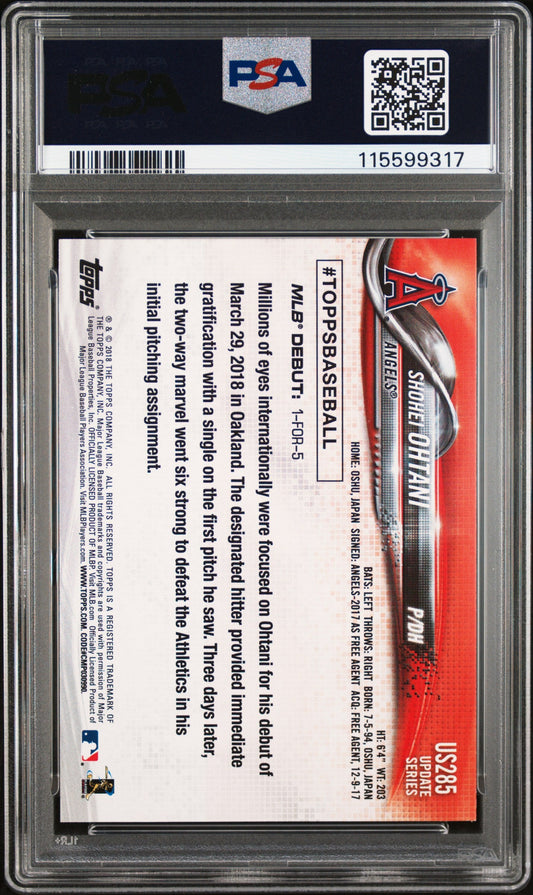 Graded 2018 Topps Update Shohei Ohtani #US285 Rookie RC Baseball Card PSA 10 Gem Mint
