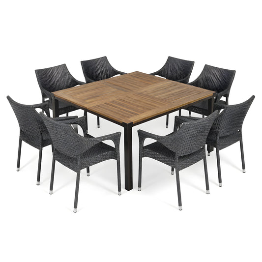 9 PCS Outdoor Dining Set with 64" Solid Wood Table and Chairs