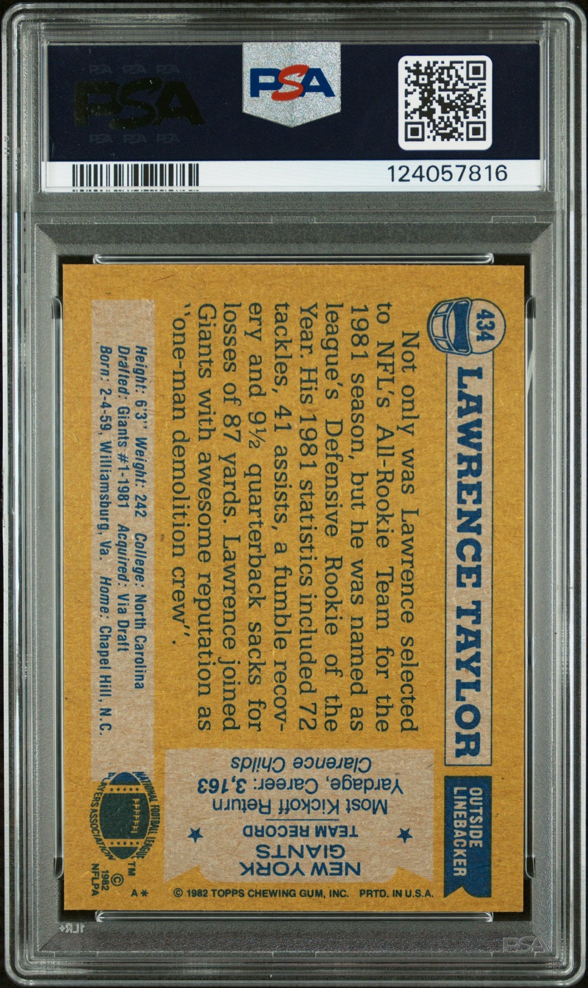 Graded 1982 Topps Lawrence Taylor #434 Rookie RC Signed Football Card PSA 6 Card - Auto Grade Authentic