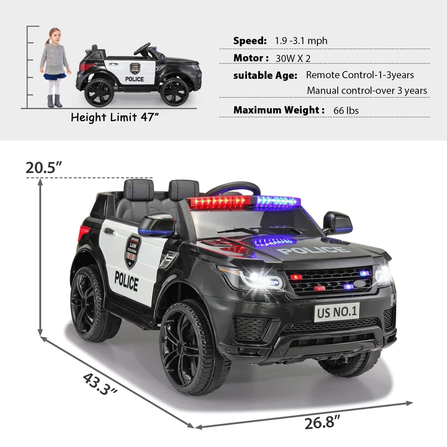 12V Remote Control Police Ride On Car for Kids Ages 3-5 Years - Perfect for Toddler Boys