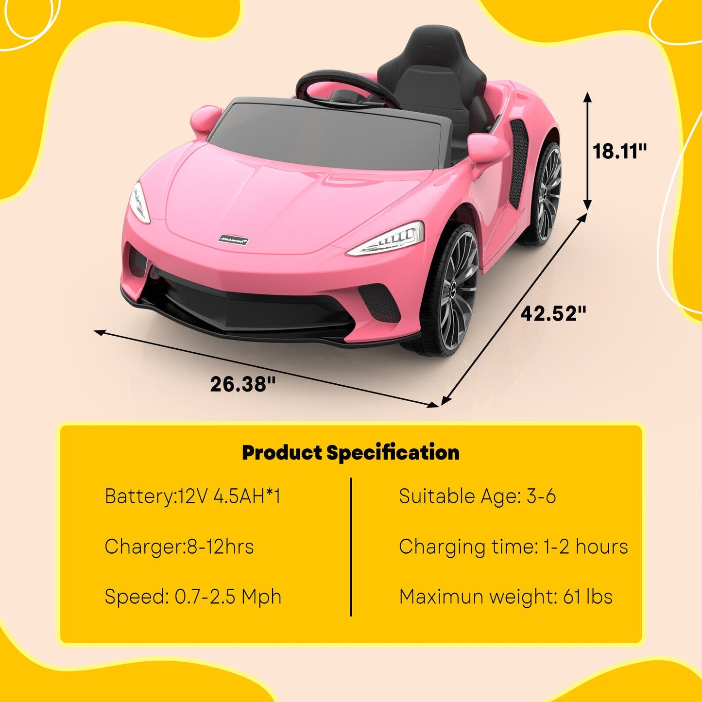 12V Sports Car for Kids with 2 Speeds, Parental Control, Sound Effects, and LED Lights