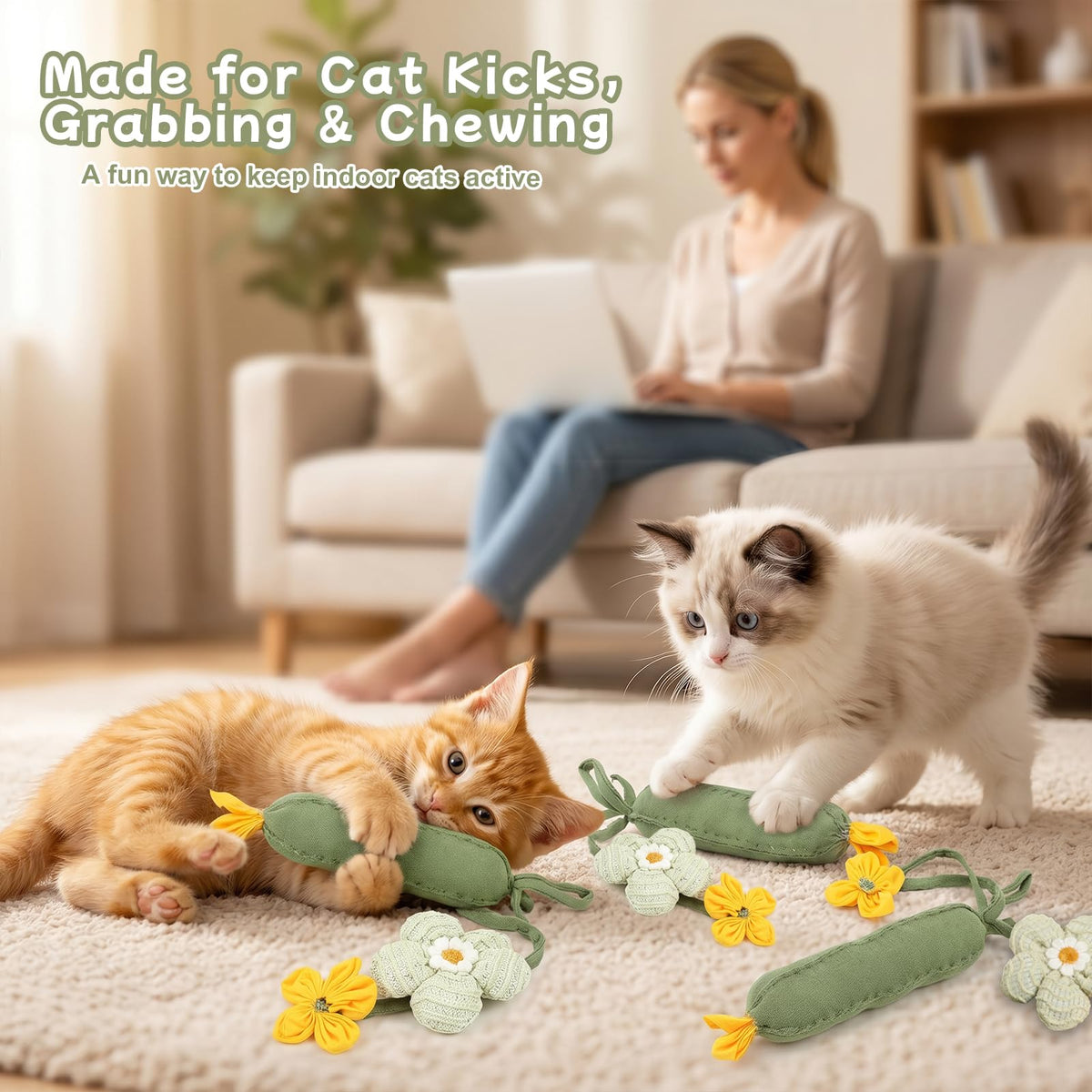 3PCS Cucumber Catnip Toy Cat Kicker Toys For Indoor Cats Kitten Cucumber Plush Toy With Catnip And Funny Sound, Designed For Kicking, Chewing And Interactive Play To Keep Indoor Cats Active