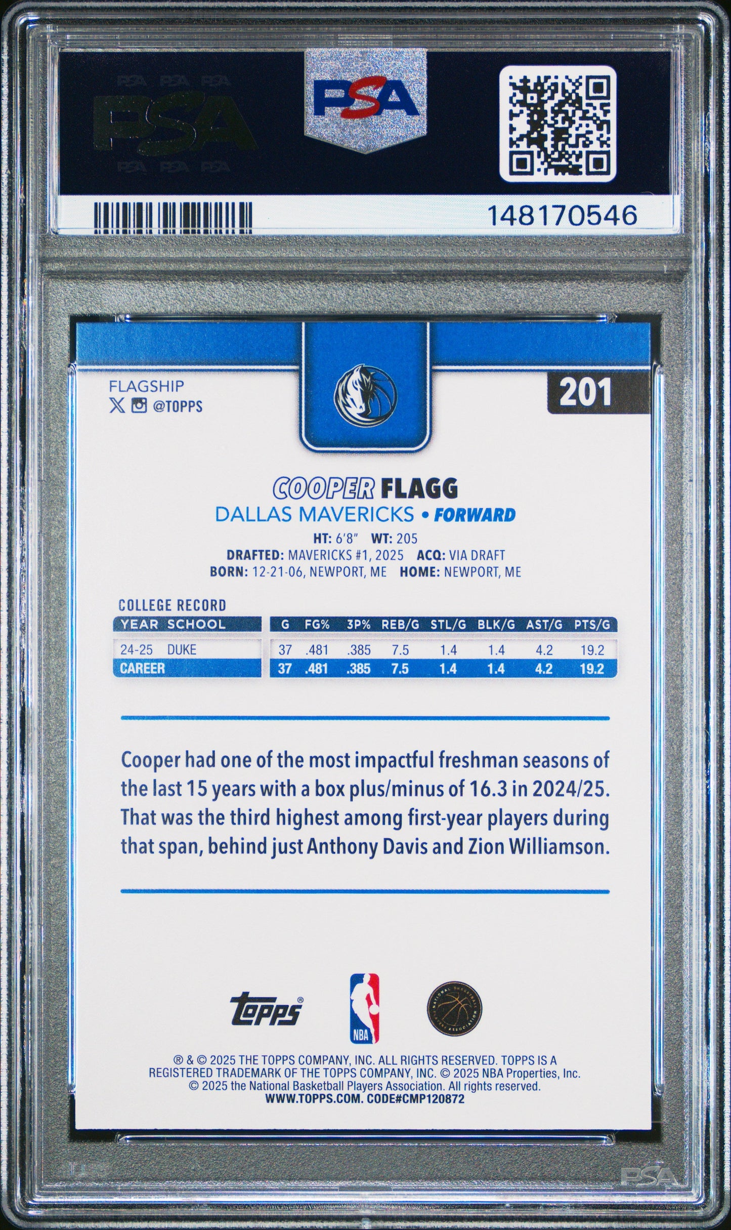 Graded 2025 Topps Cooper Flagg #201 Rookie RC Basketball Card PSA 10 Gem Mint
