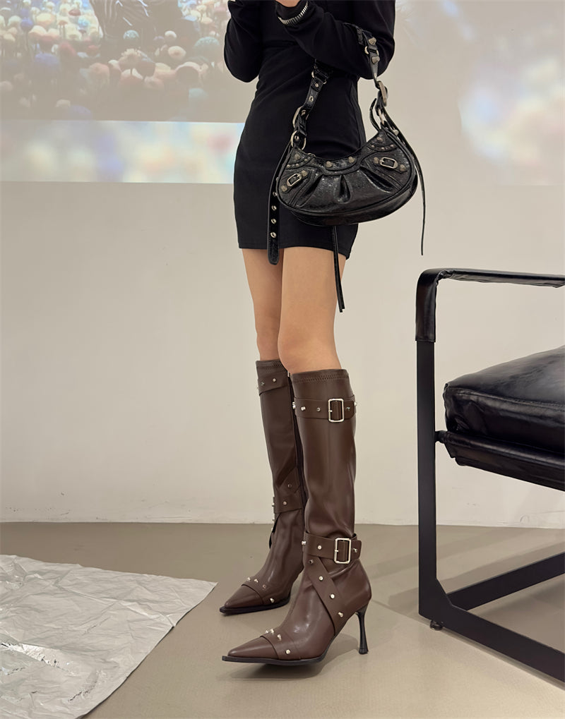 Women's Pointed Toe High Heel Knee-High Knight Boots, 2026 New Autumn Winter Slim Fit Boots, Vintage Studded Boots With Belt Buckle