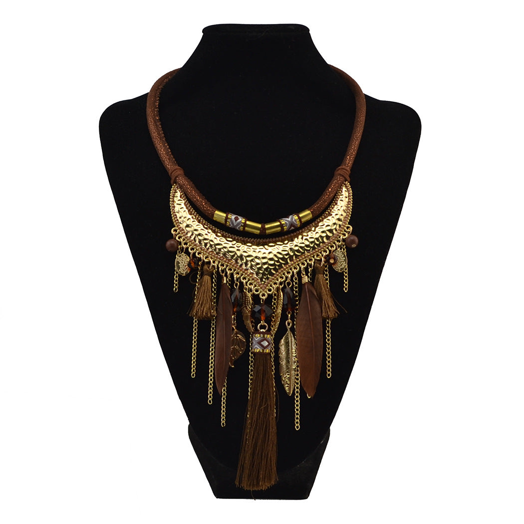 BLUEGREEN Feather Leaf Tassel Necklace - Bohemian Jewelry for Women