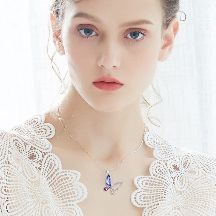 CDE Crystals from Necklace Women Pendants S925 Sterling Silver Jewelry Blue Purple Butterfly Austrian Rhinestone New