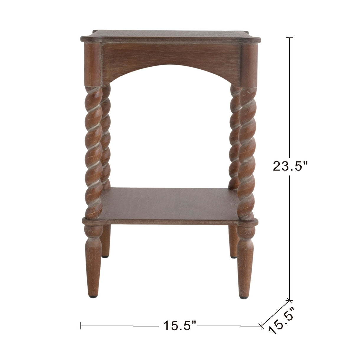 15.5x15.5x23.5' Distressed Brown Wood Side Table with Turned Spiral Legs and Lower Shelf