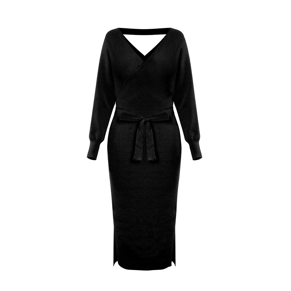 new SEXY RED Autumn And Winter Knitted Slim Double V-Neck FALL Sweater DRESS FOR WOMEN