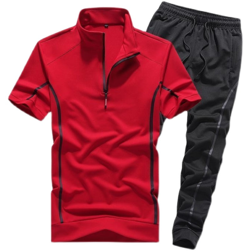 Sportswear Men's RED TSHIRT WITH ZIPPER COLLAR SHORT SLEEVE TSHIRT, THIN ALL BLACK JOGGER PANTS SET