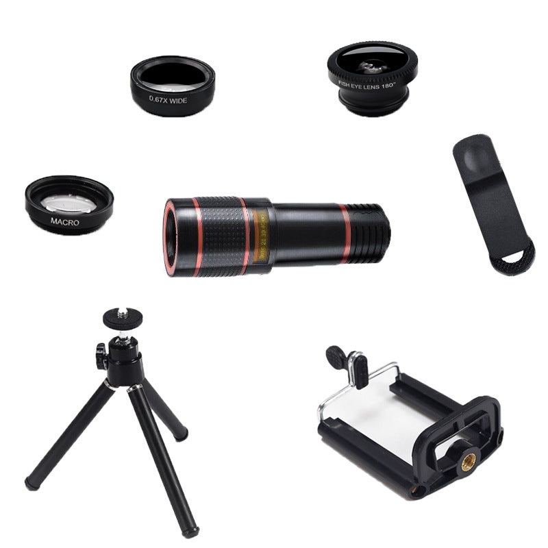 Compatible with Apple Mobile Phones, 12X Telephoto Lens Set with Tripod, U-Shaped Clip, Wide-Angle, and Macro Fisheye
