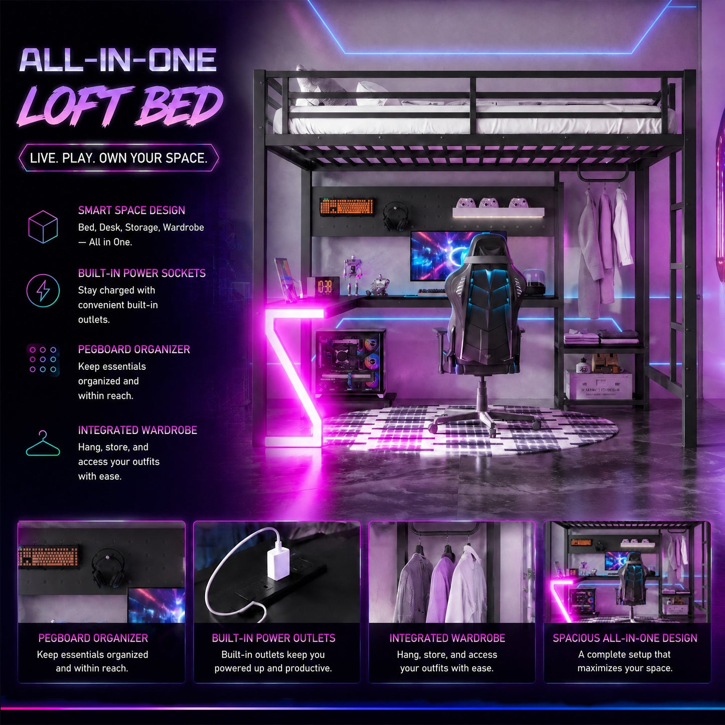 Queen Loft Bed with L-shaped Desk and USB Ports