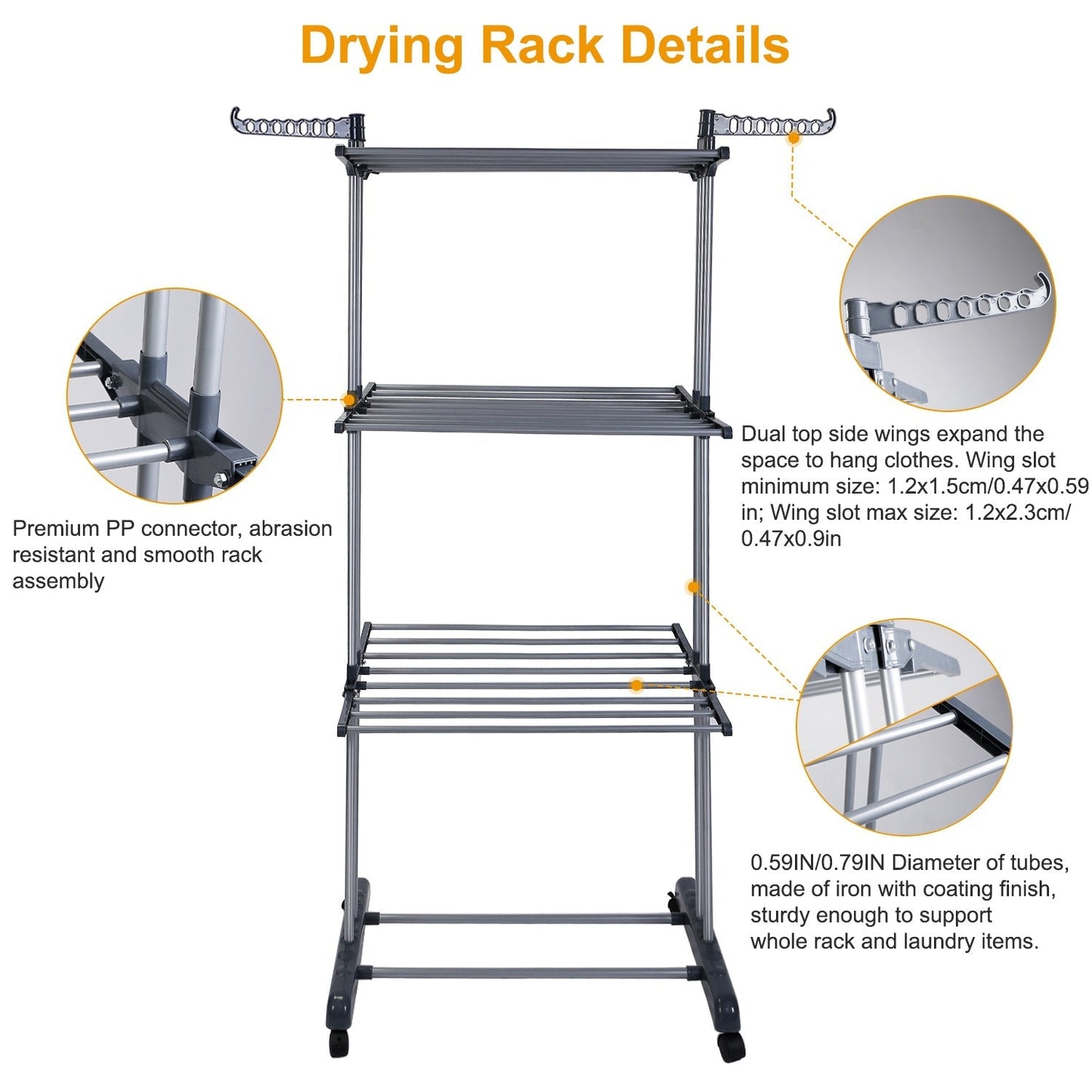 Clothes Drying Rack Rolling Collapsible Laundry Dryer Hanger Stand Rail Shelve_x000B__x000B_Wardrobe Clothing Drying Racks w/ Dual Side Wings
