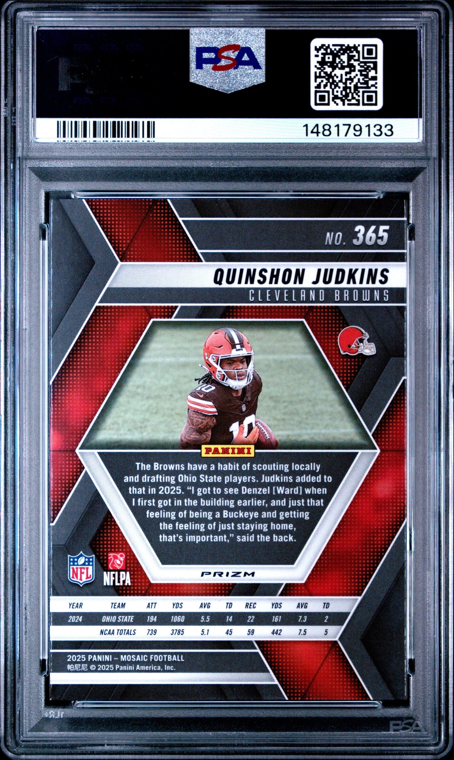 Graded 2025 Panini Mosaic Quinshon Judkins #365 Red/White Stripe Rookie RC Football Card PSA 7 Near Mint