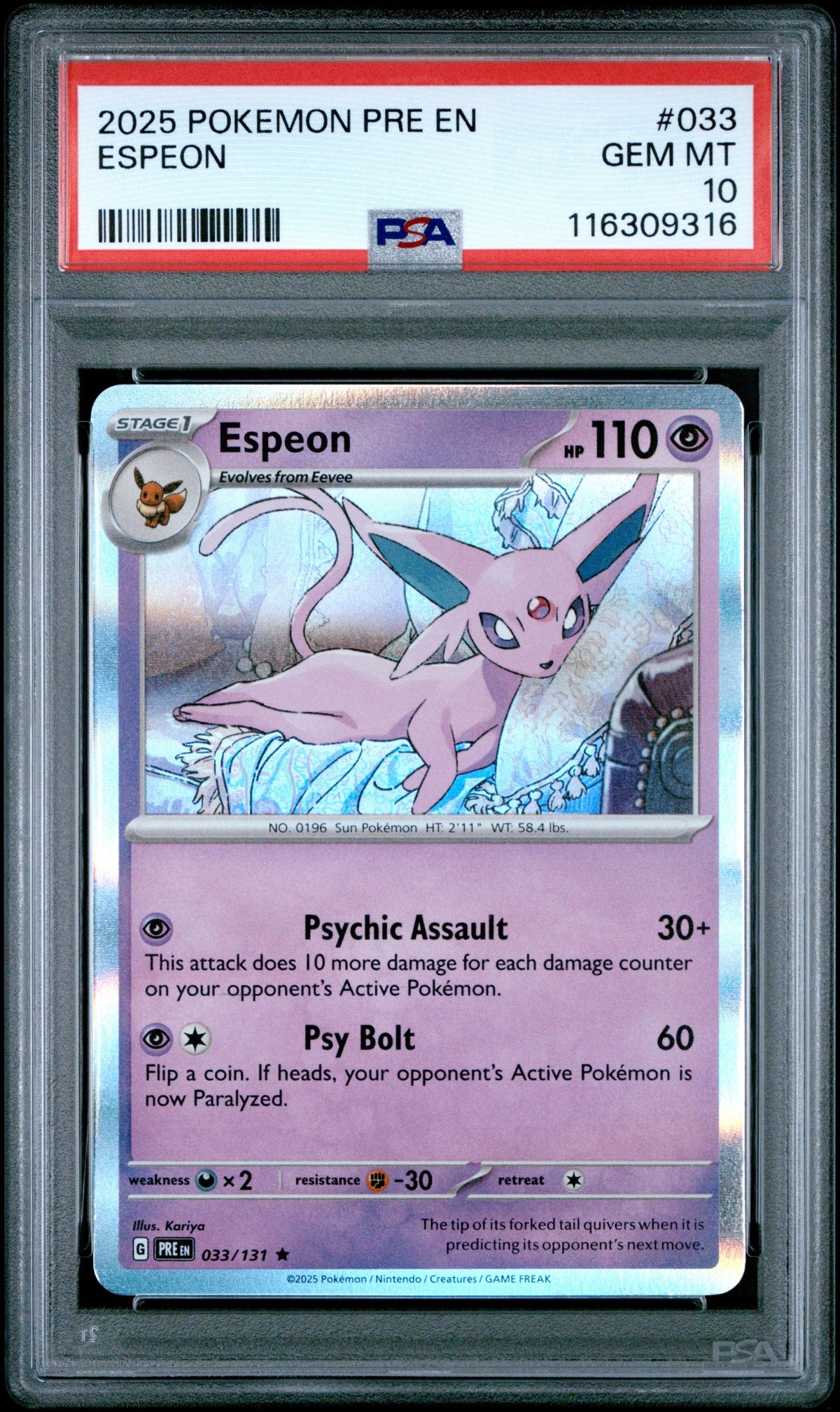 Graded 2025 Pokemon PRE EN Espeon #033 Prismatic Evolutions Trading Card Game PSA 10 Gem Mint