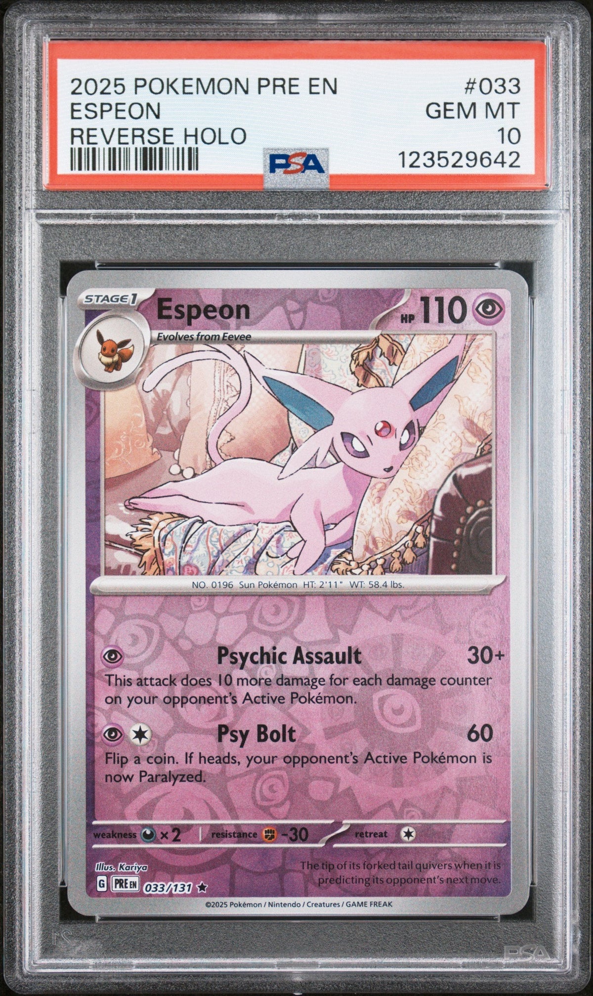 Graded 2025 Pokemon PRE EN Espeon #033 Reverse Holo Prismatic Evolutions Trading Card Game PSA 10 Gem Mint