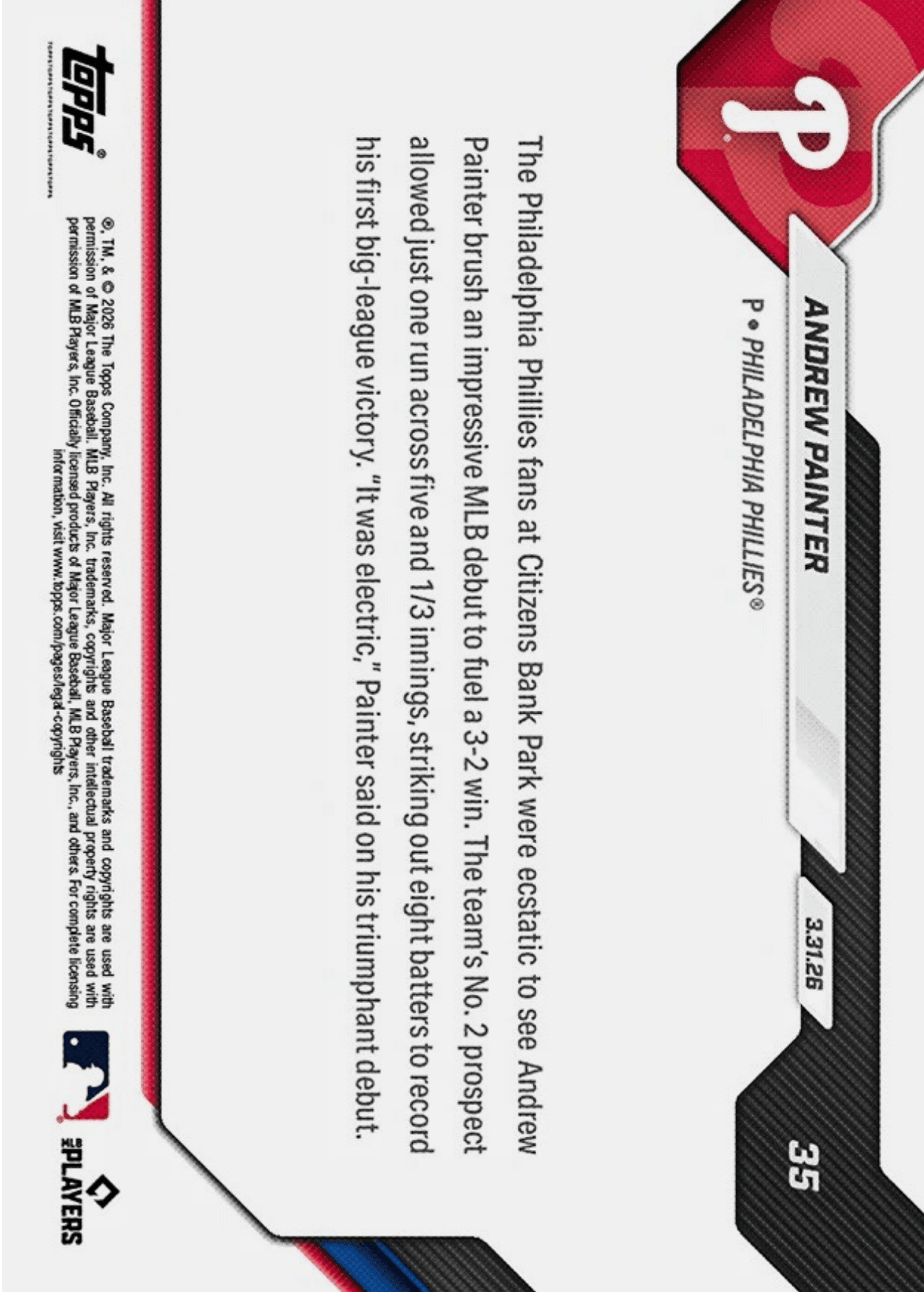 2026 Topps Now Andrew Painter #35 Gold Foil /50 Club Top Pitching Prospect Dazzles in MLB Debut Philadelphia Phillies Rookie RC Baseball Card
