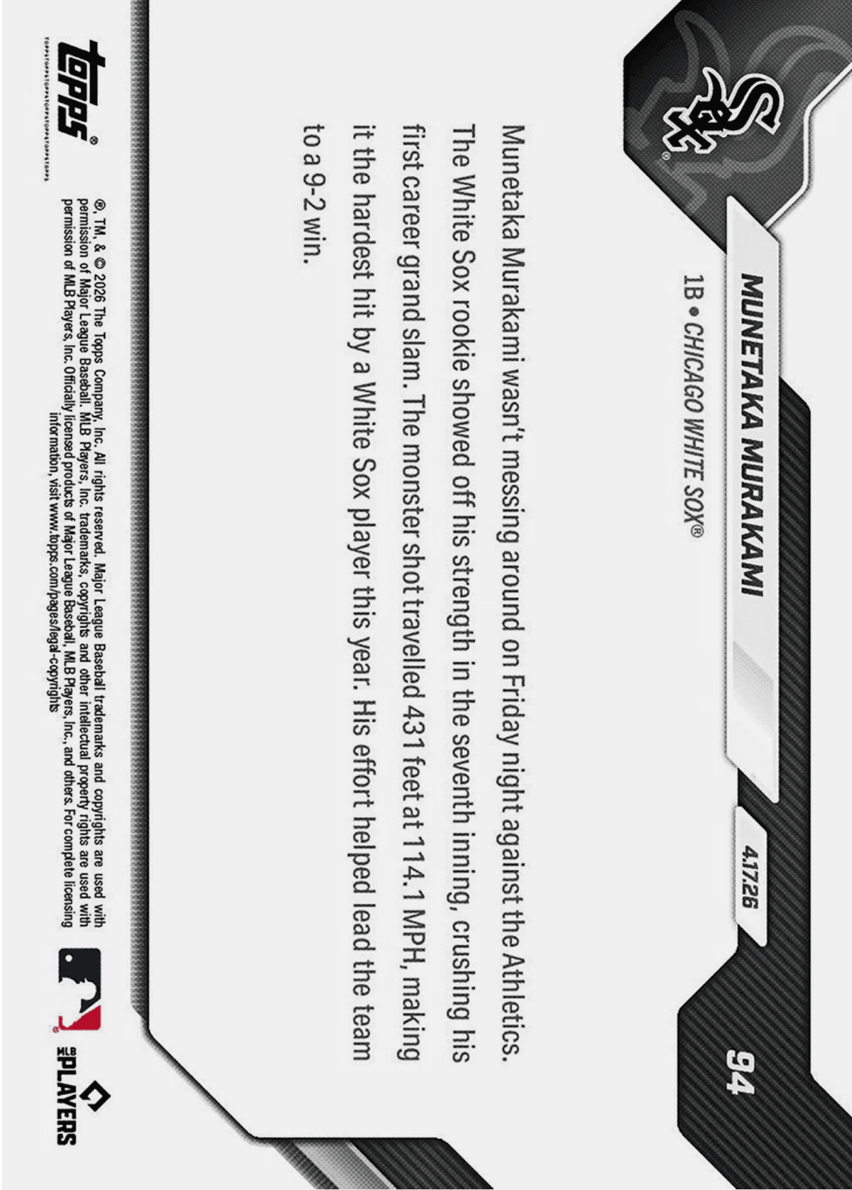 2026 Topps Now Munetaka Murakami #94 Orange Foil /25 Smashes 1st Career Grand Slam 114.1 MPH Chicago White Sox Rookie RC Baseball Card