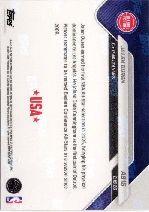 2025 Topps Now Jalen Duran #AS15 Platinum Member Stamp 2026 NBA All Star 1st Selection Detroit Pistons Basketball Card
