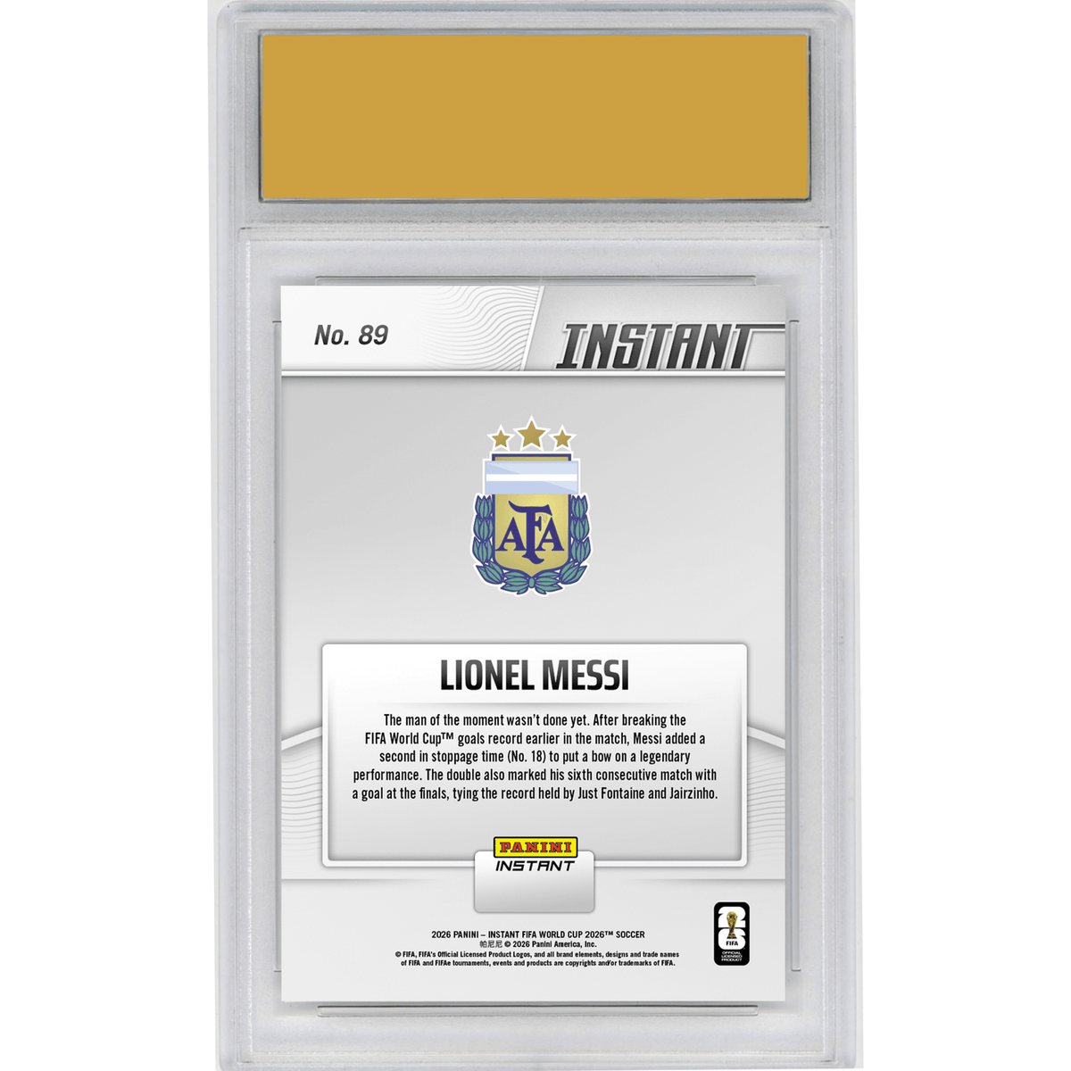 Graded 2026 Panini Instant FIFA World Cup Lionel Messi #89 Messi On Top of The World with Historic Double Argentina Soccer Card HOFSM 10 Gem Mint