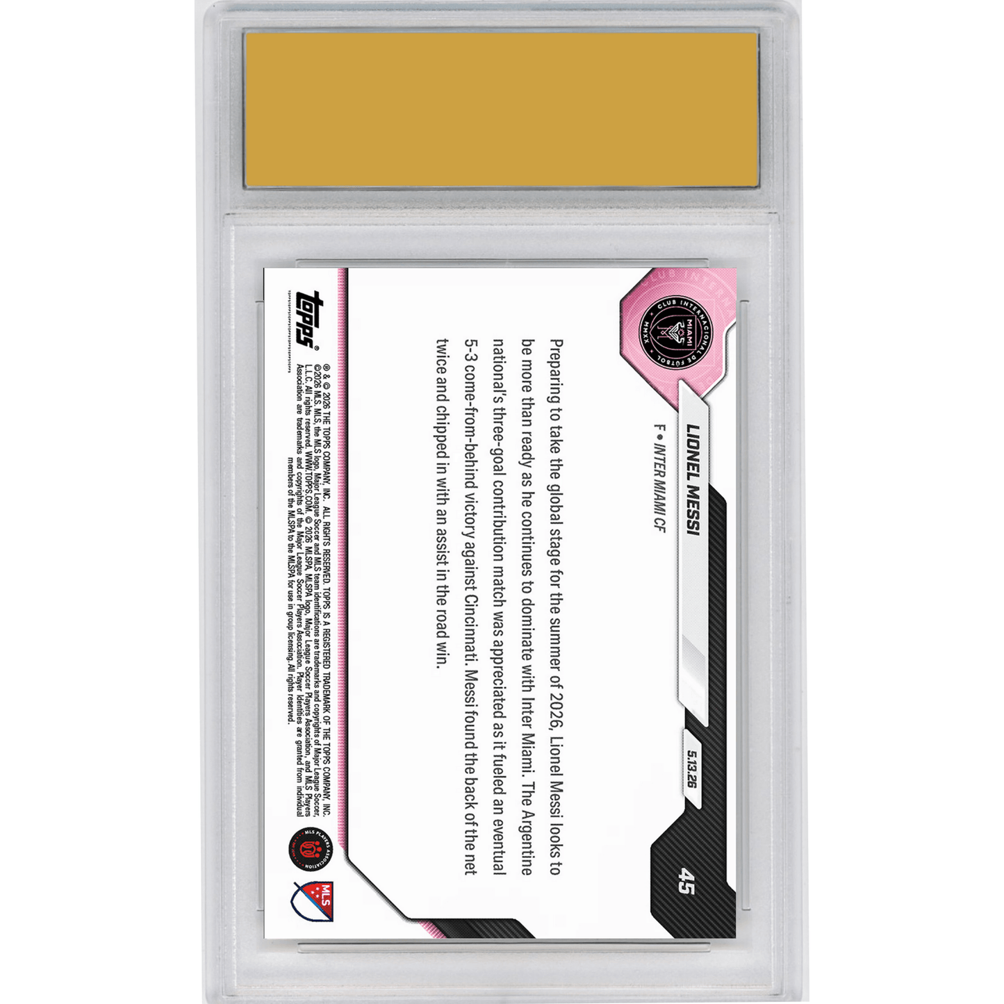 Graded 2026 Topps Now Lionel Messi #45 3 Goal Contribution Match Powers Comeback Win Inter Miami Soccer Card HOFSM 10 Gem Mint