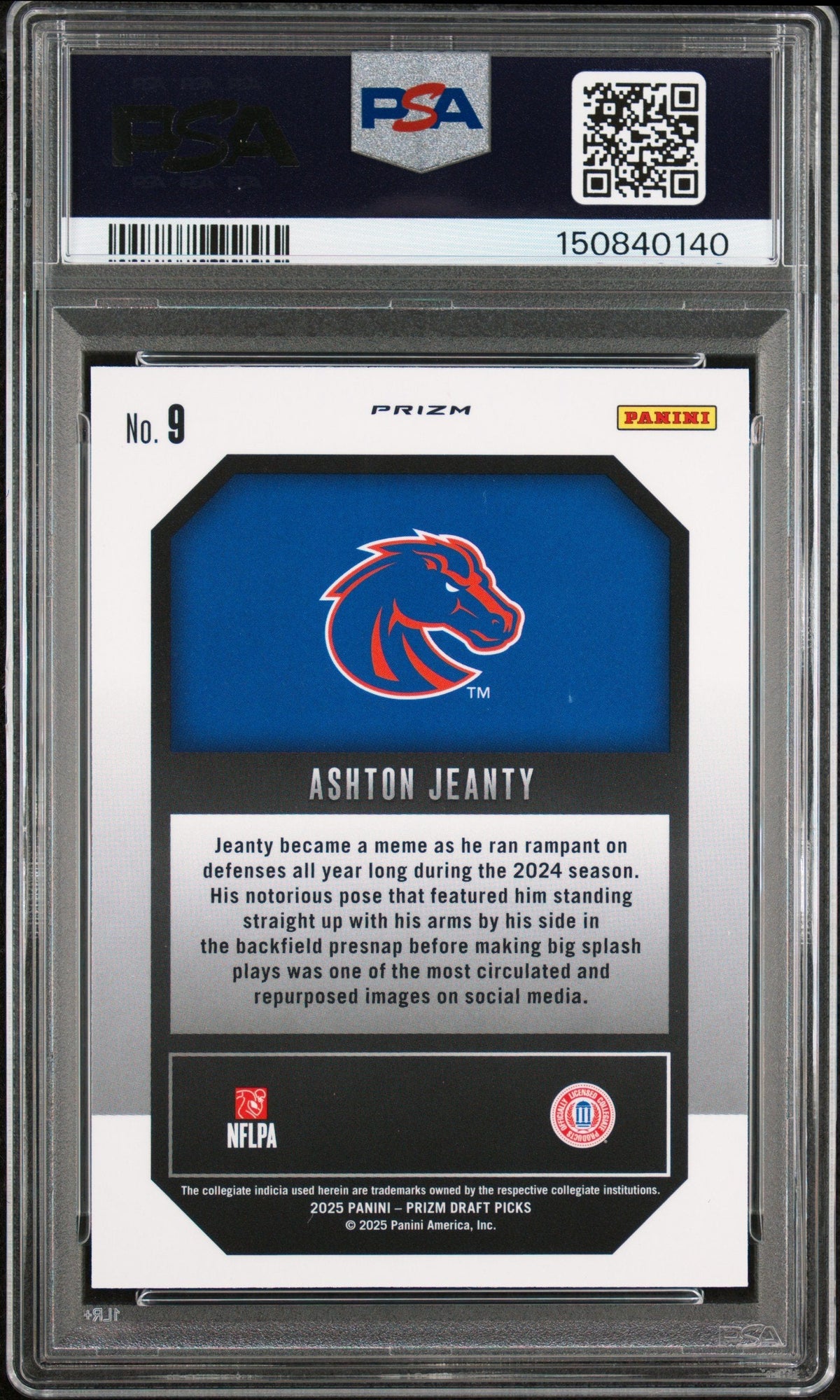 Graded 2025 Panini Prizm Draft Picks Ashton Jeanty #9 New Recruits Green Rookie RC Football Card PSA 10 Gem Mint