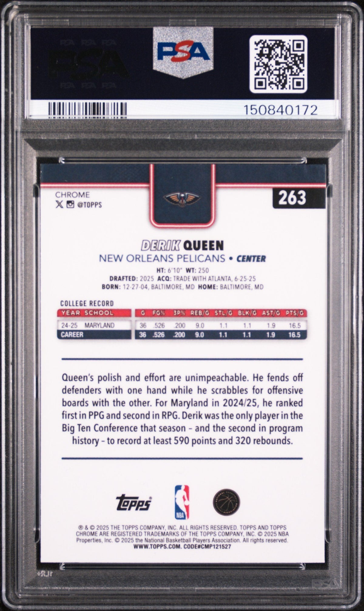 Graded 2025 Topps Chrome Derik Queen #263 Rookie RC Basketball Card PSA 10 Gem Mint
