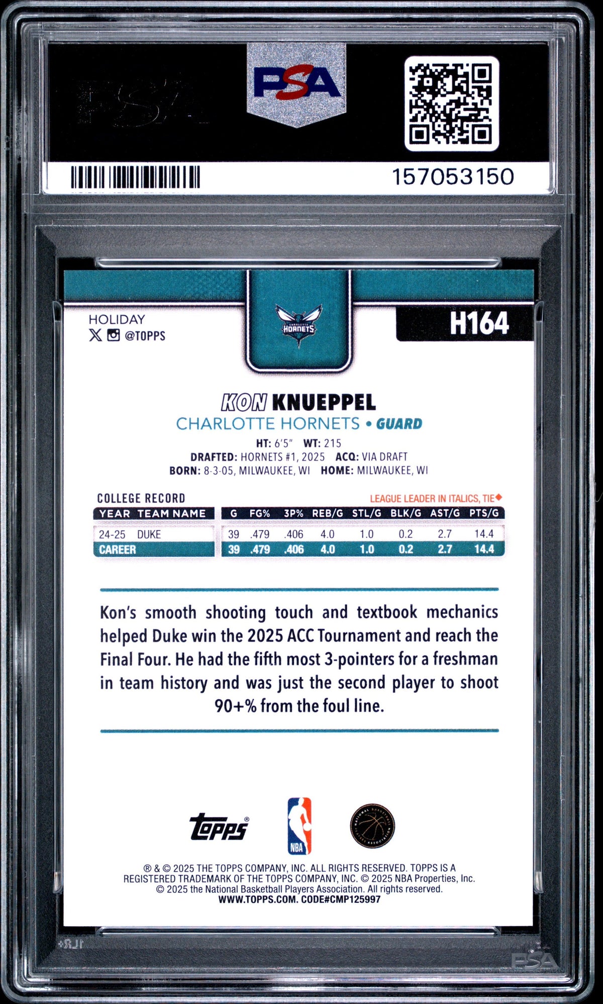Graded 2025 Topps Holiday Kon Knueppel #H164 Rookie RC Basketball Card PSA 9 Mint
