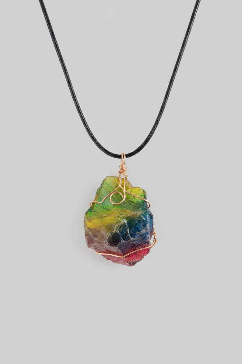 Wire Wrapped Dyed Rainbow Crystal Pendant Necklace