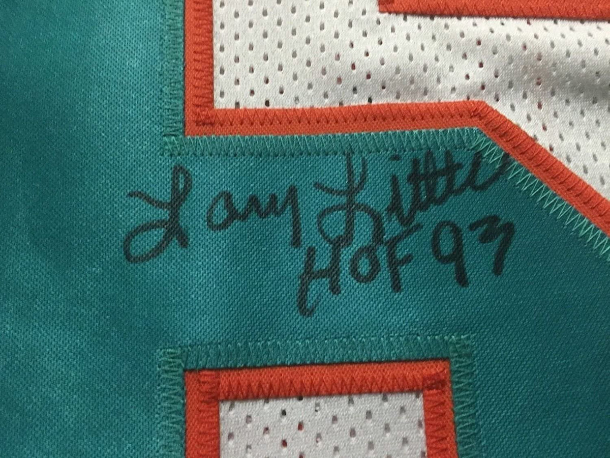 Framed Autographed/Signed Larry Little HOF 93 35x39 Miami Dolphins White Football Jersey JSA COA