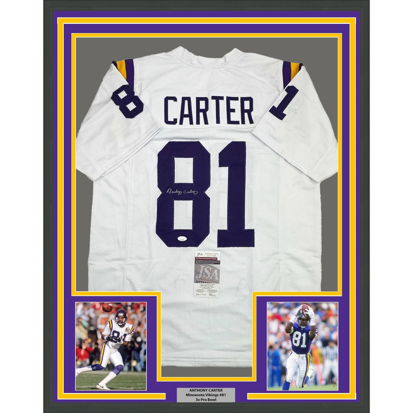 Framed Autographed/Signed Anthony Carter 35x39 Minnesota White Football Jersey JSA COA
