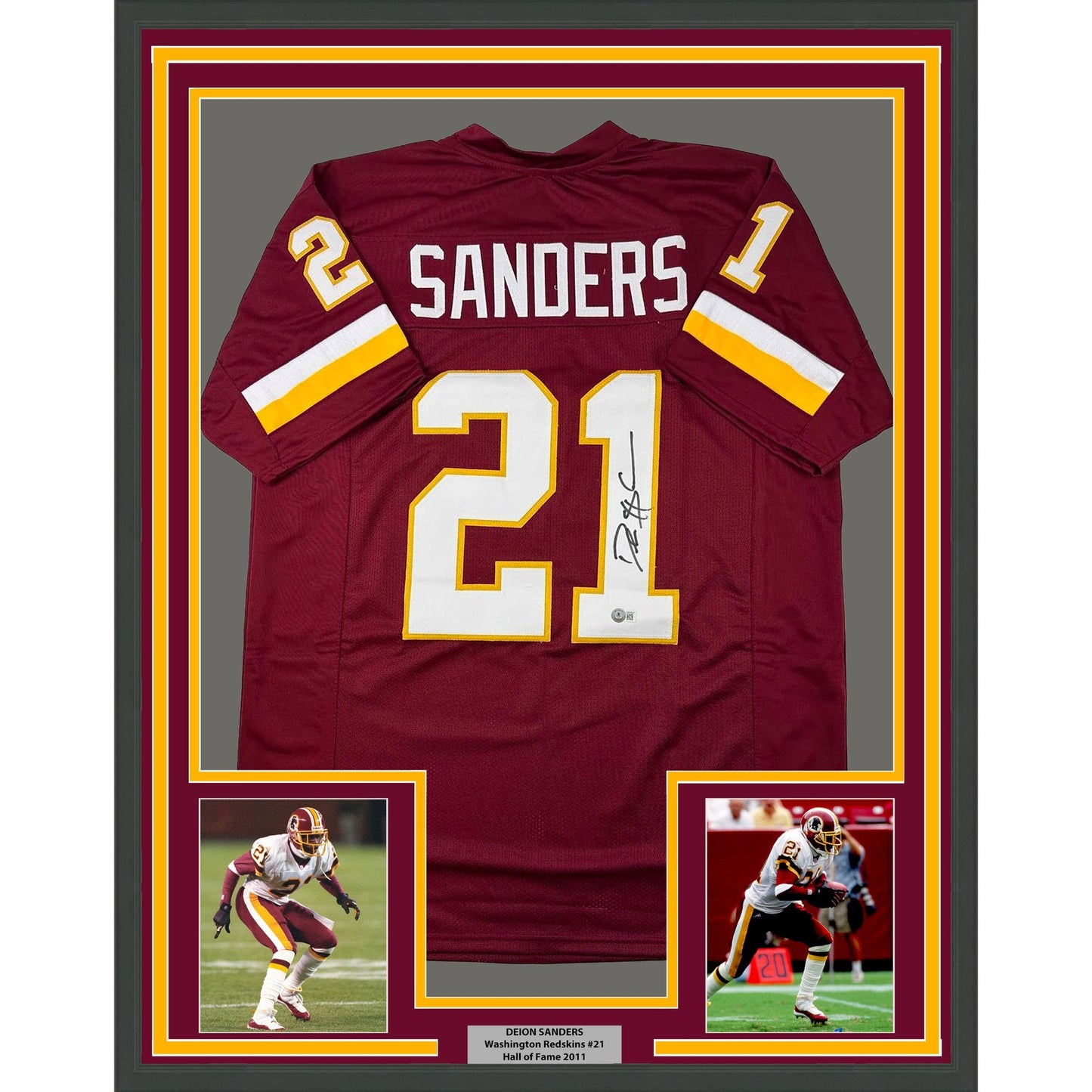 Framed Autographed/Signed Deion Sanders 35x39 Washington Burgundy Football Jersey Beckett BAS COA