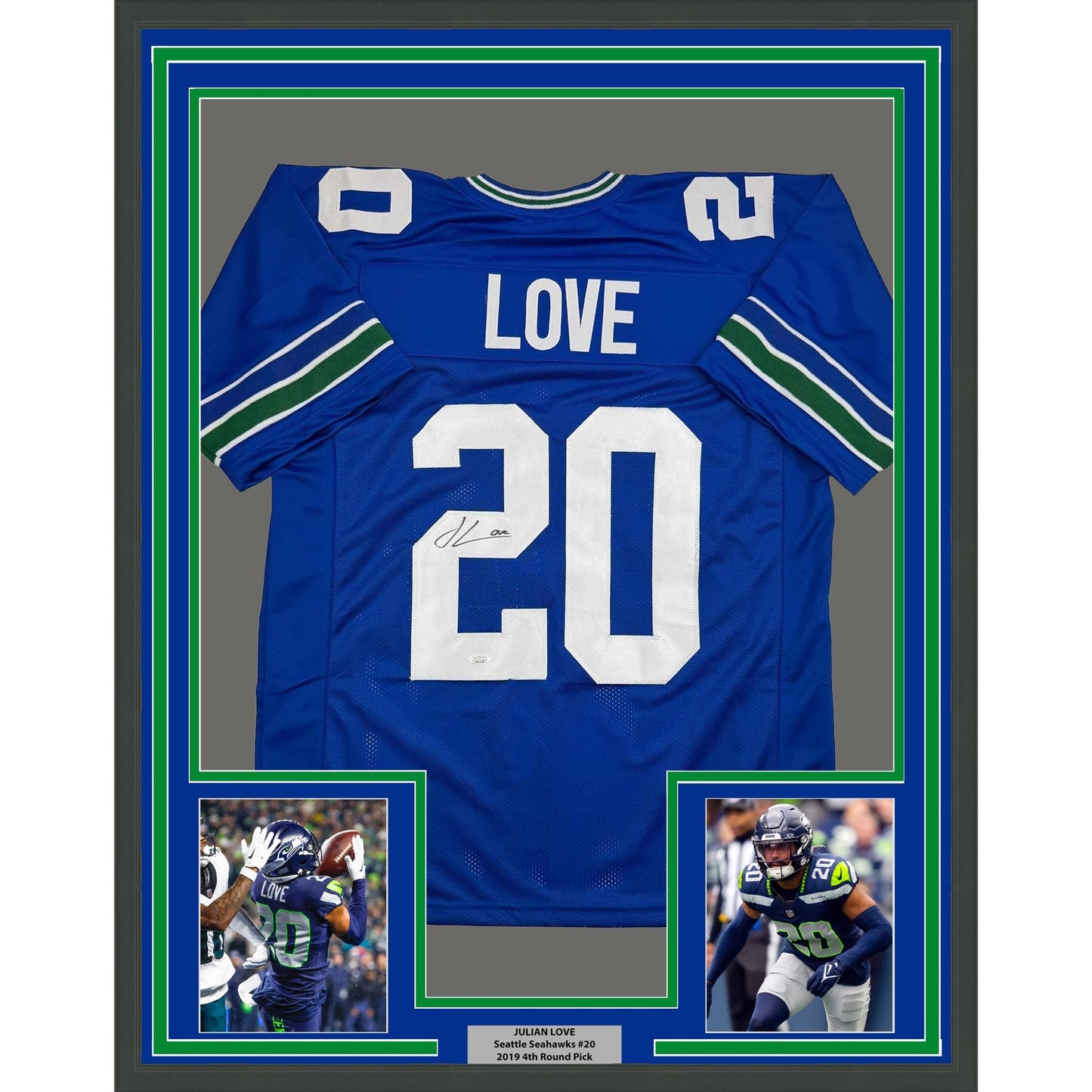 Framed Autographed/Signed Julian Love 35x39 Seattle Blue Retro Football Jersey JSA COA