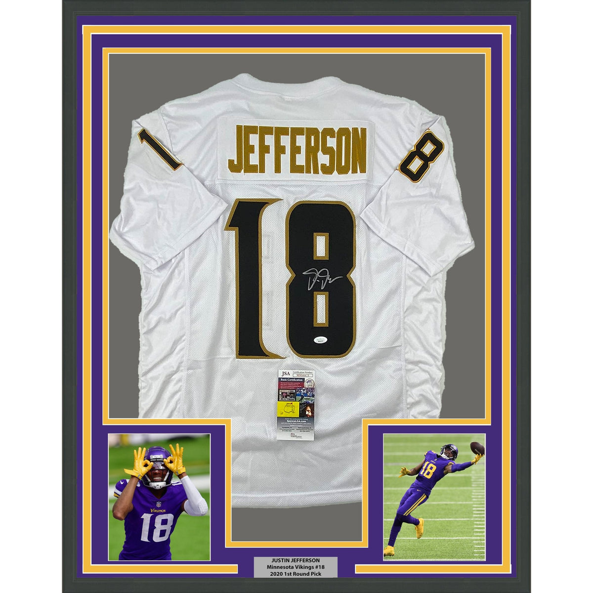 Framed Autographed/Signed Justin Jefferson 35x39 Minnesota White/Gold Football Jersey JSA COA