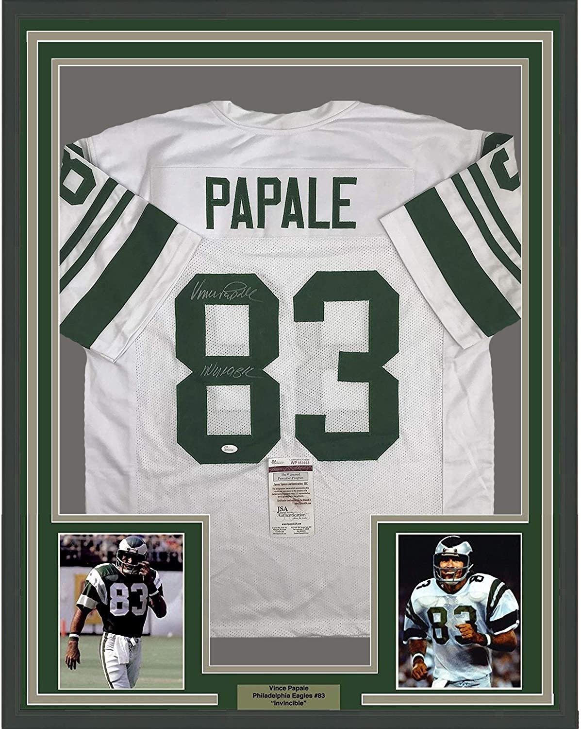 Framed Autographed/Signed Vince Papale Invincible 35x39 Philadelphia White Football Jersey JSA COA