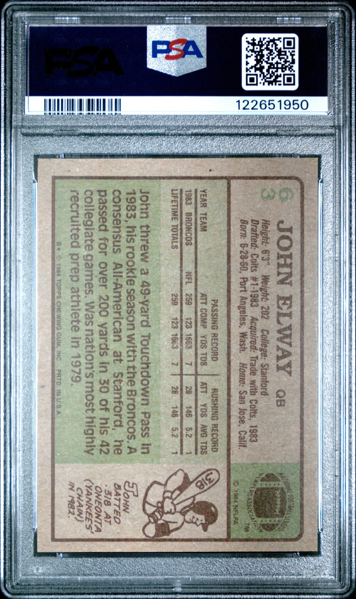 Graded 1984 Topps John Elway #63 Rookie RC Football Card PSA 6 Excellent