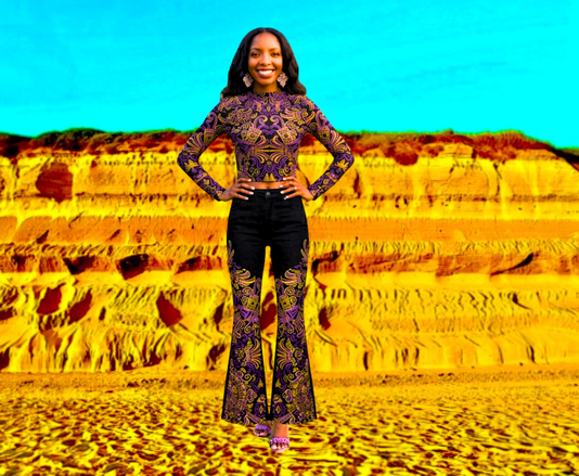 AZTEC GOLD AND PURPLE ARTISTIC DESIGNS Women's Long Sleeve Round Neck Crop Top Only DESIGNS BY KIEKIE